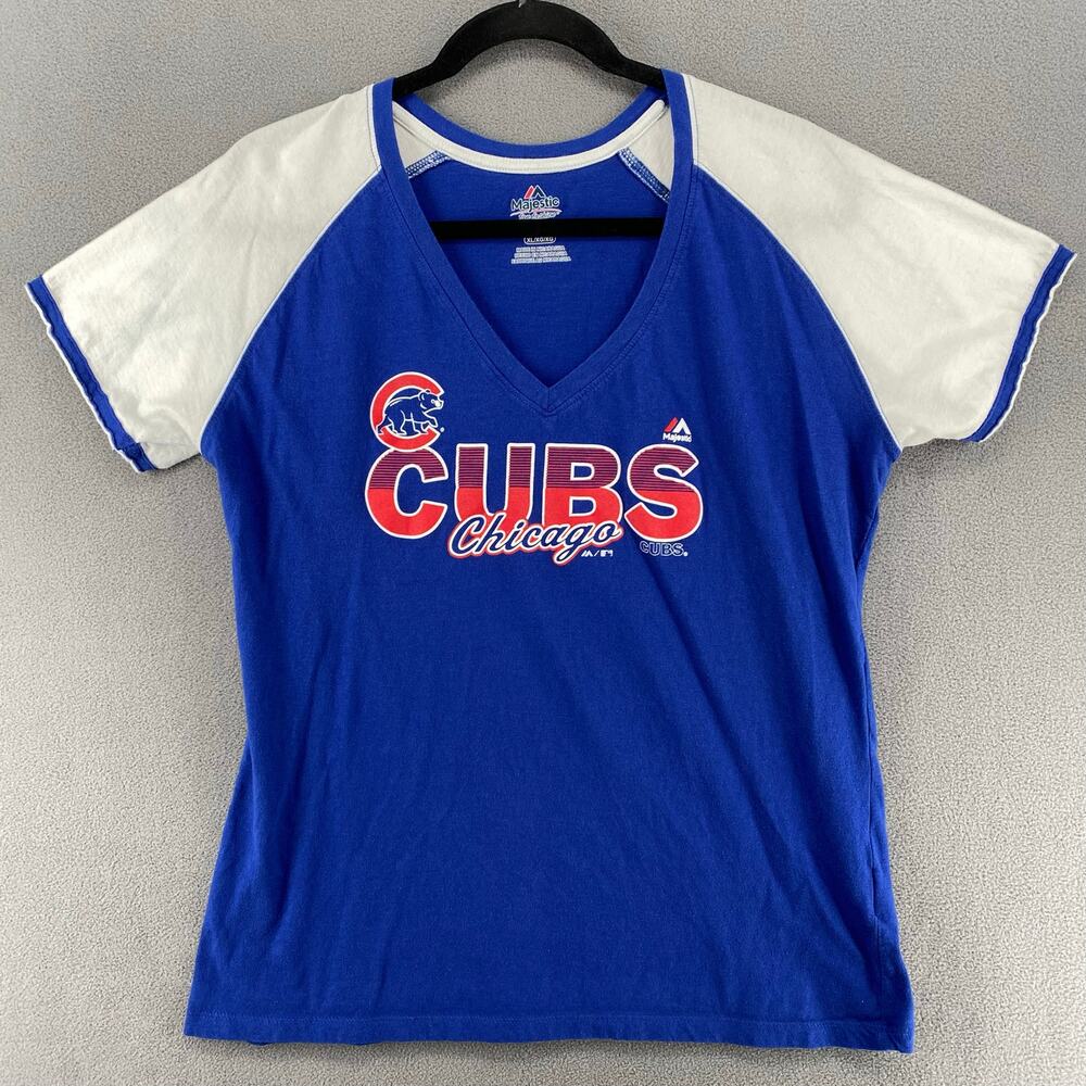 Chicago Cubs Majestic Fan Fashion V‎ Neck Raglan Short Sleeve Womens XL Blue MLB